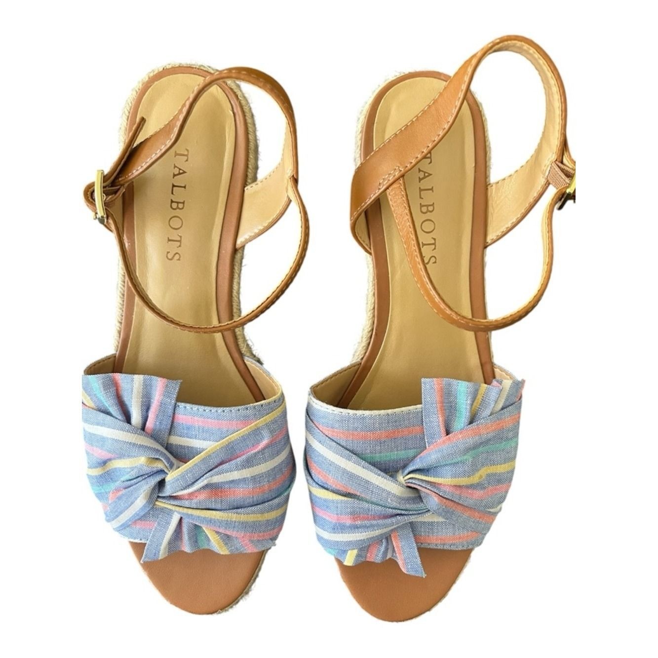 Talbots Tan Leather Ankle-Strap Wedges with Pastel Striped Bow NWOB