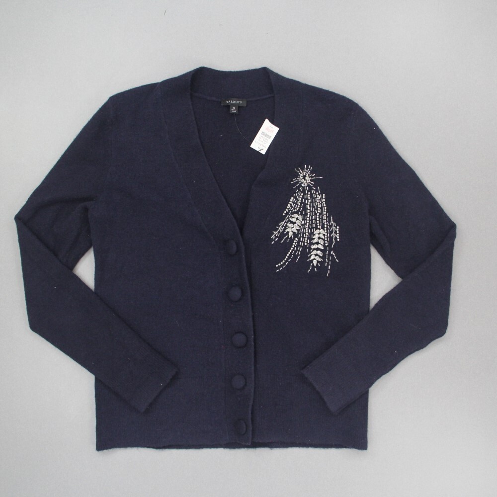 Talbots Women\'s Wool Blend Rhinestone Beaded Cardigan Sweater Size XS Navy NWT