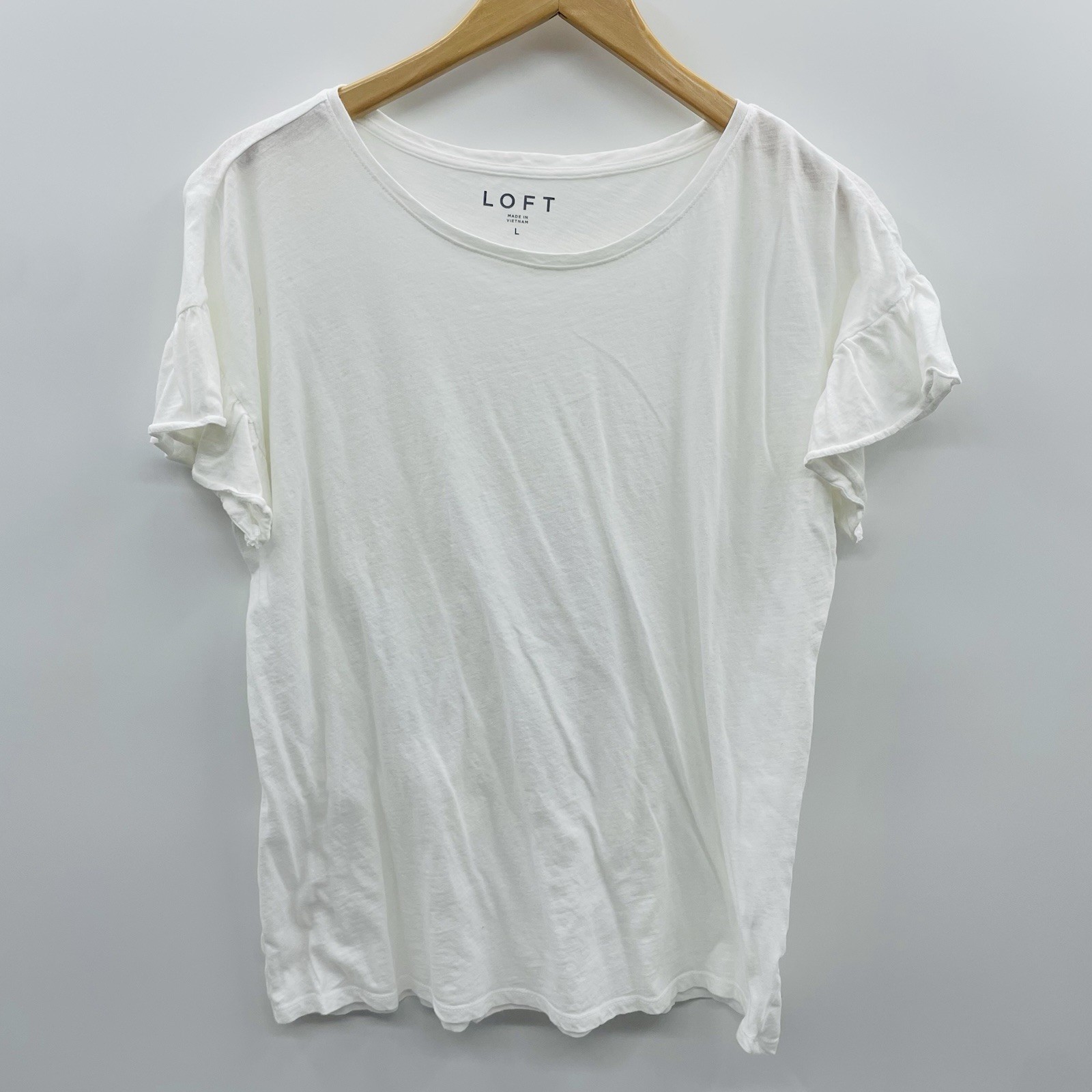 Ann Taylor LOFT Womens Size Large Flutter Ruffle Short Sleeve T-Shirt White 1616
