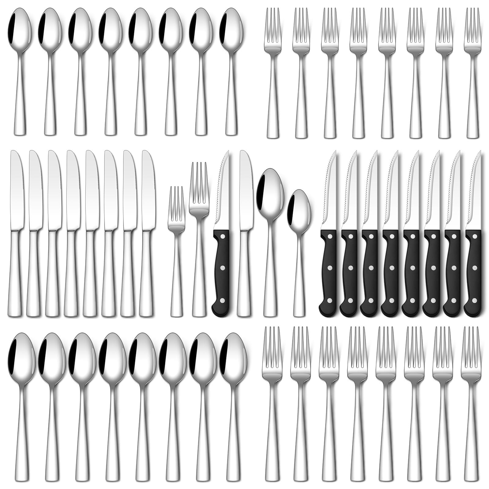 48-Piece Stainless Steel Silverware Set for 8 - Mirror Polished Cutlery, Steak K