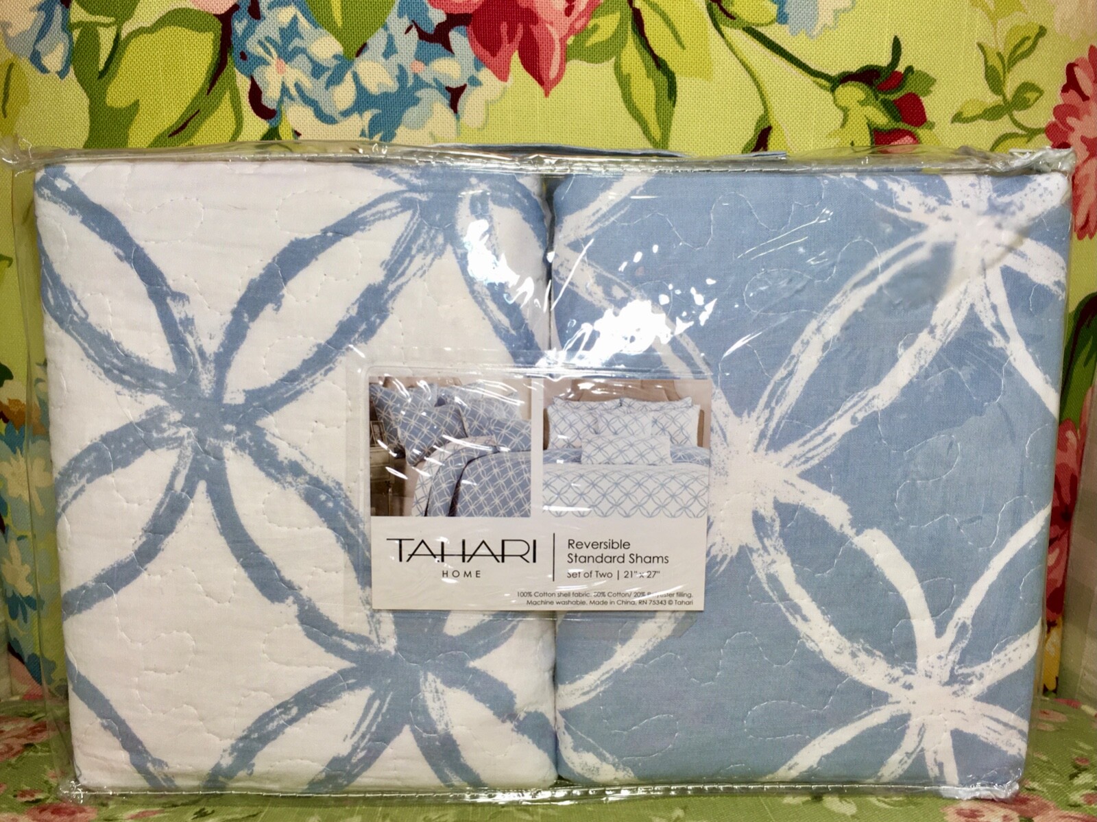 Pair Tarahi Blue & White Wedding Circles QUILTED 100% Cotton STANDARD Shams 2
