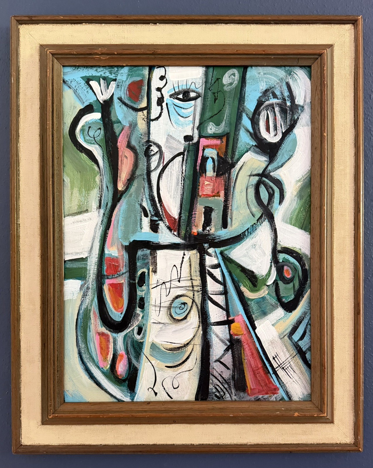 Mid Century Modern Style Abstract Surrealism Painting In Vintage Frame - Ehle