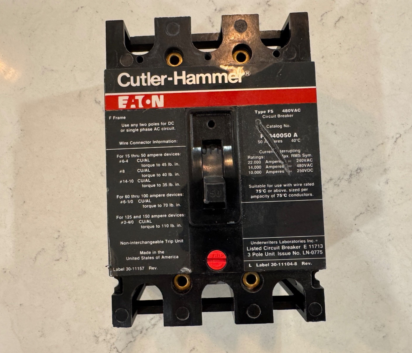 Eaton / Cutler Hammer FS340050A Molded Case Circuit Breaker 50 Amp 480 Volt