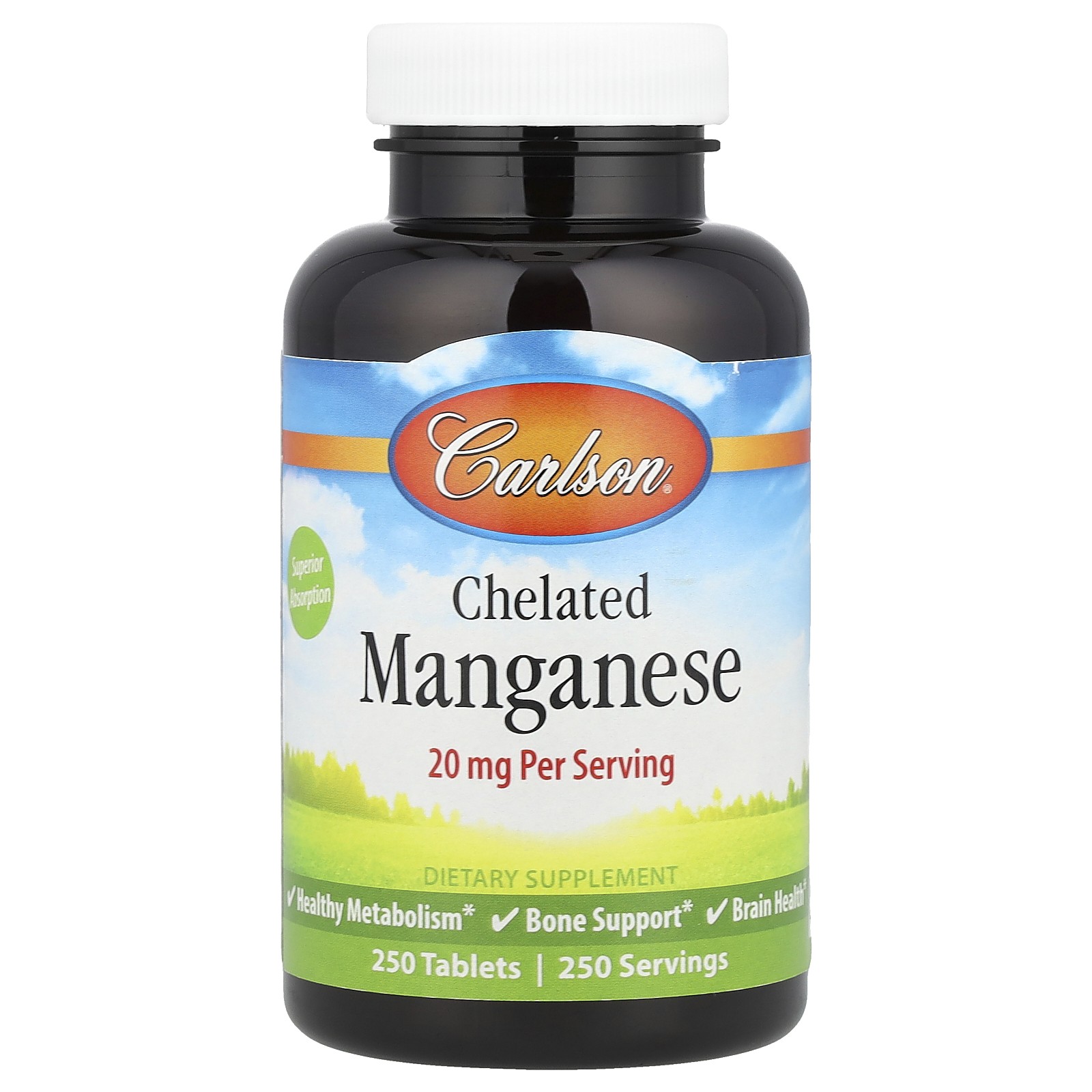 Carlson Labs Chelated Manganese 250 Tablets Gluten-Free, Milk-Free,
