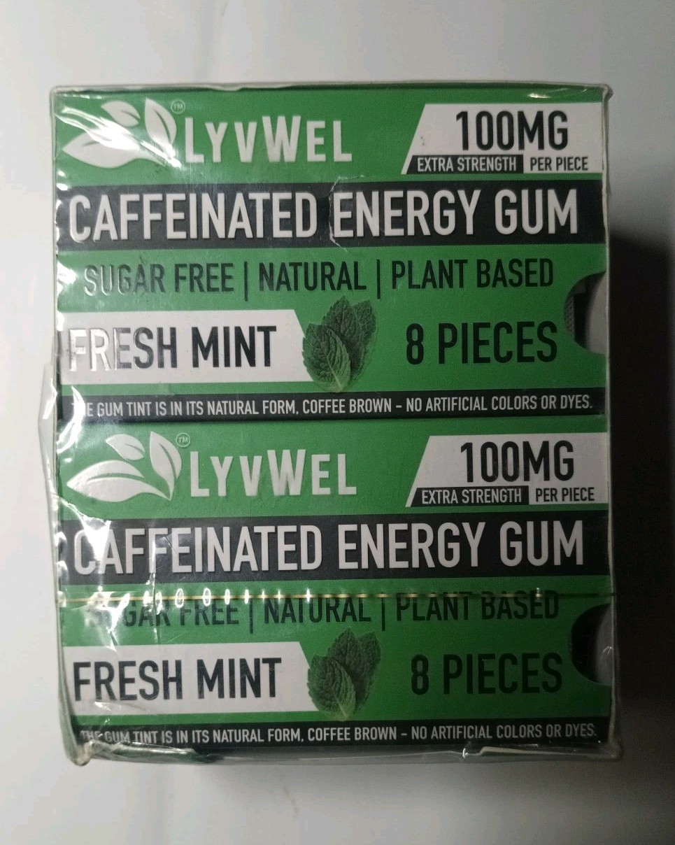 LyvWel Caffeinated Energy Gum - Mint Flavor - 12 Packs 8 Pieces Per Pack - New LyvWel Caffeinated Energy Gum - Mint Flavor - 12 Packs 8 Pieces Per Pack - New