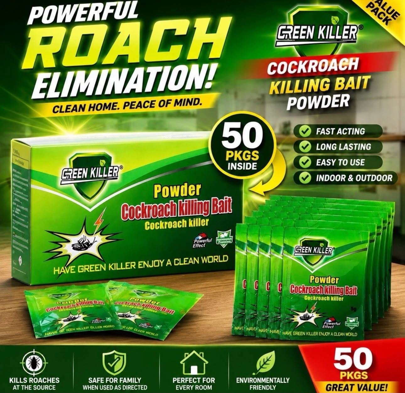 Green Killer Cockroach Killing Powder Bait, Roach Killing Bait Method, 5 g 50pcs