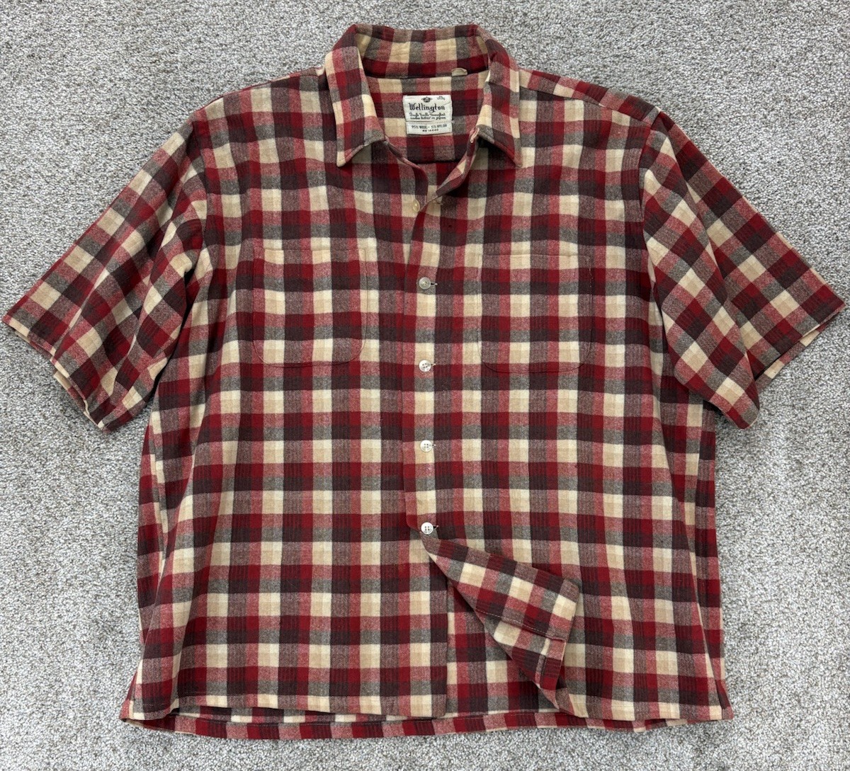 Vintage 60s Wellington Wool Short Sleeve Shirt Men\'s XL Red Plaid Made in Japan