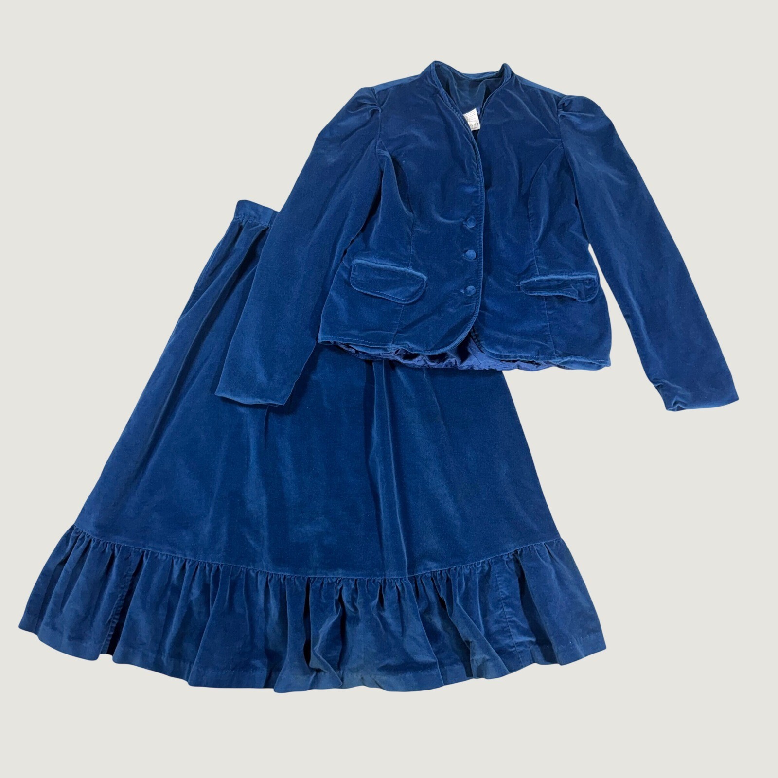 80\'s Vintage Velvet Skirt Suit Set Womens Small Blue Cotton
