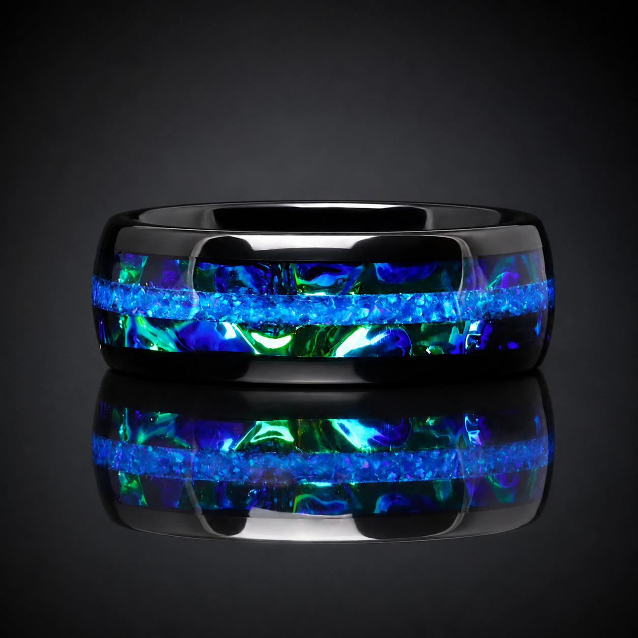Blue Fire Opal Black Tungsten Ring Men’s Wedding Band Nebula Inlay 8mm