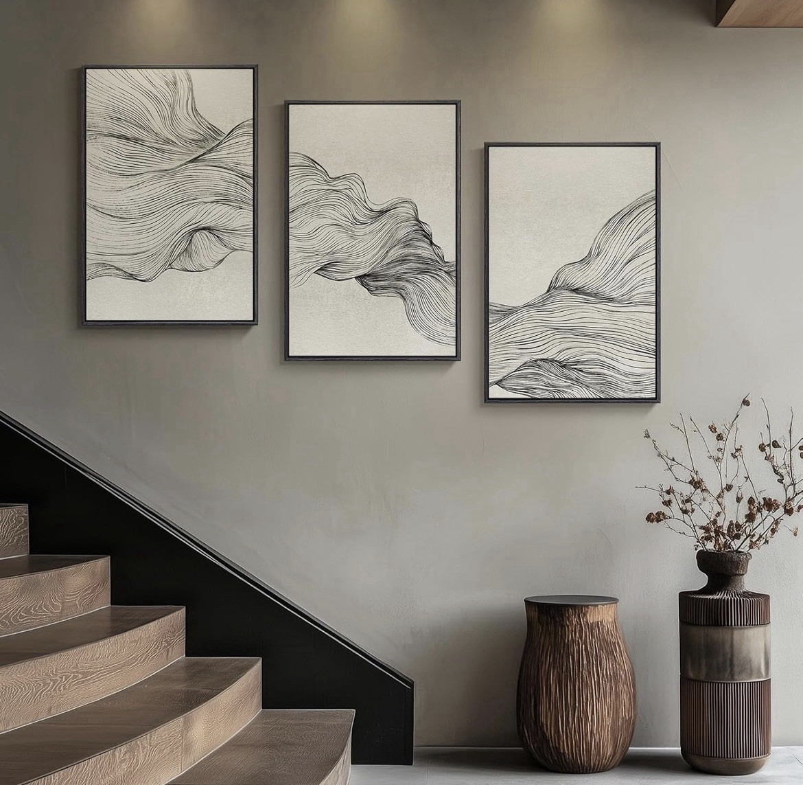 Abstract Framed Print Set of 3, Real Wood Frame, Black/White 20x30 Vertical