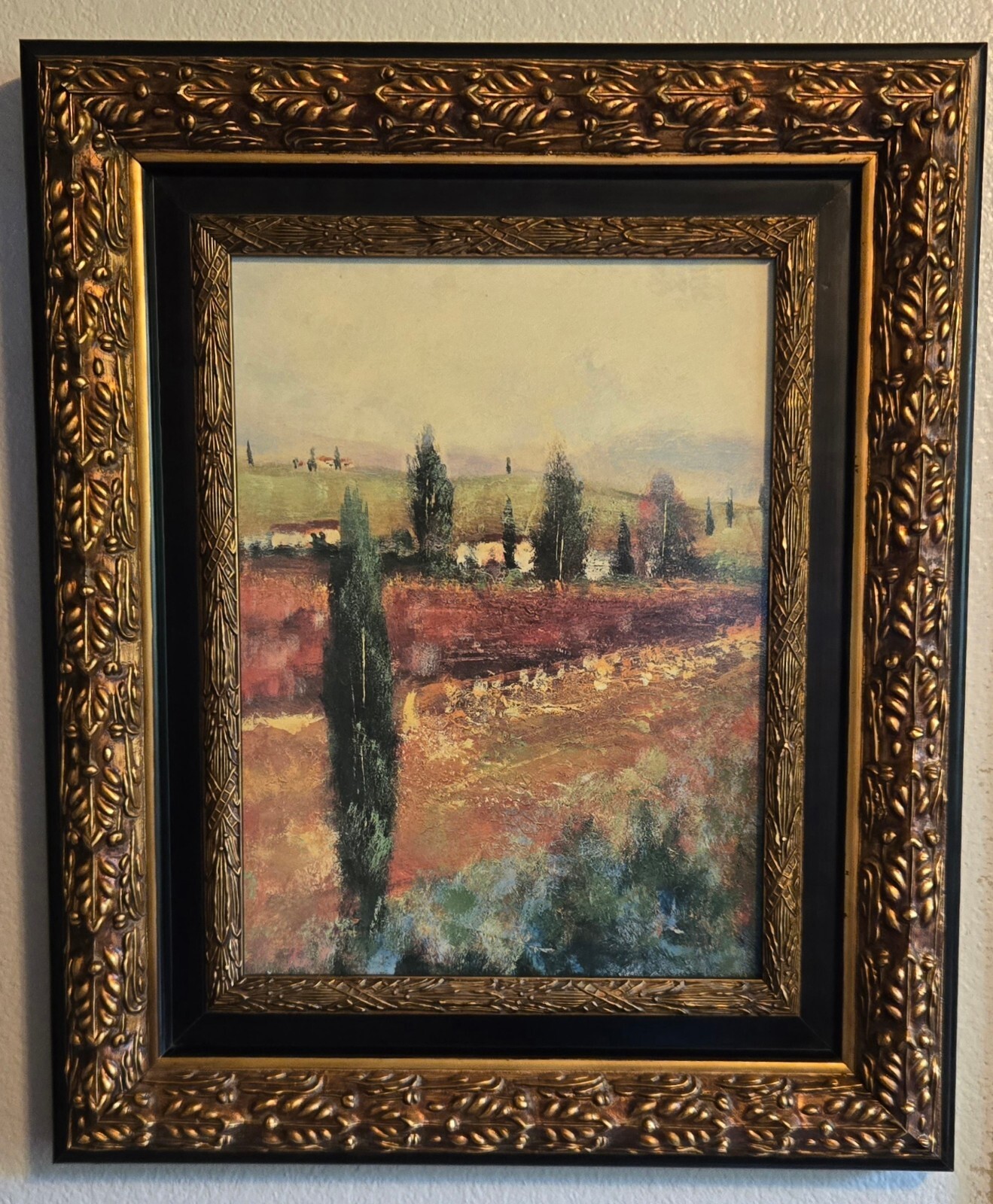 Pair of Tuscan Italian Textured Landscape Wall Art Ornate Gold Black Frames