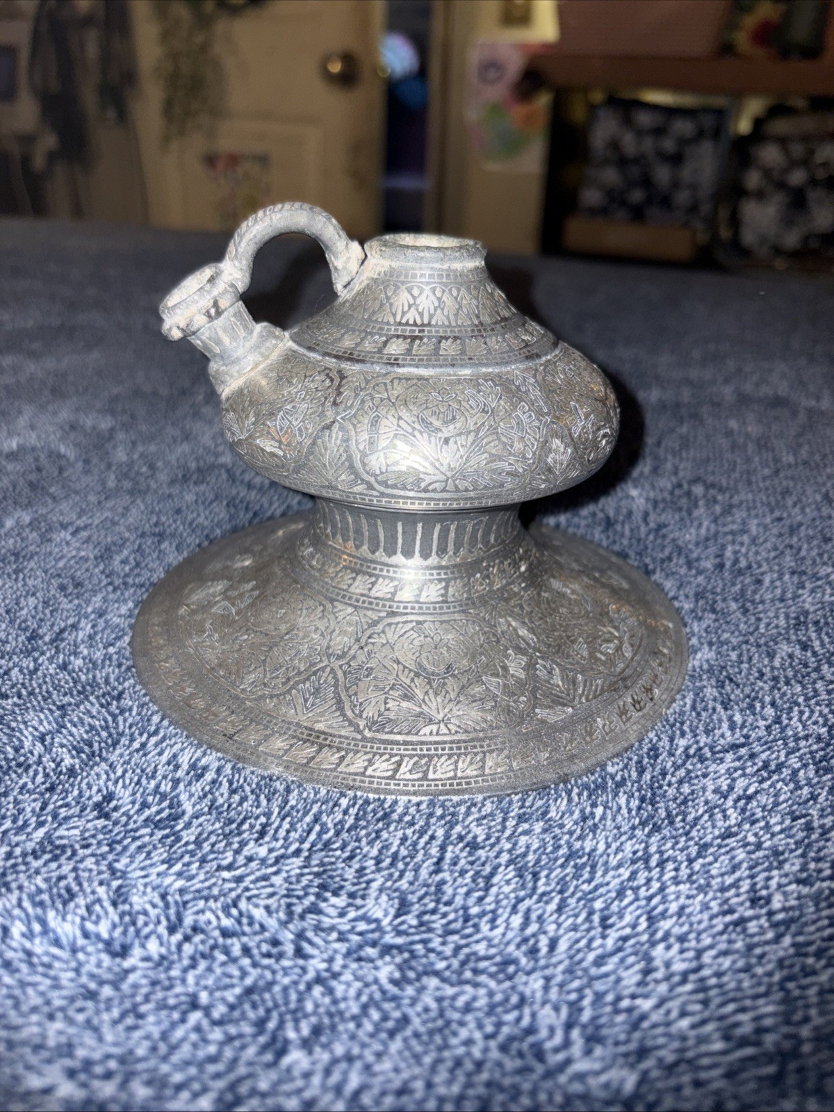 Antique 18/19th C. Islamic Indian Bidri Bidriware Silver Inlay Hookah base