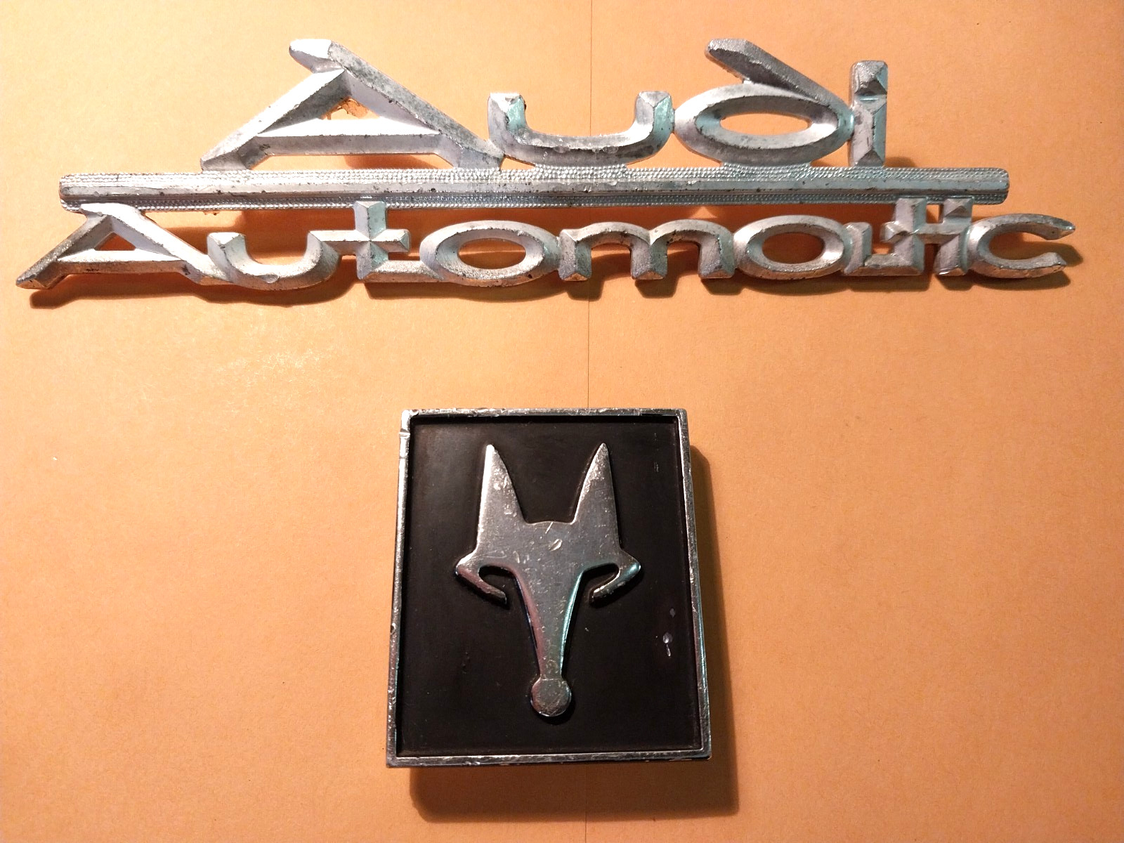 Audi Fox Badge and Audi Automatic Script Emblems Vintage Original 1970- 1974 Audi Fox Badge and Audi Automatic Script Emblems Vintage Original 1970- 1974