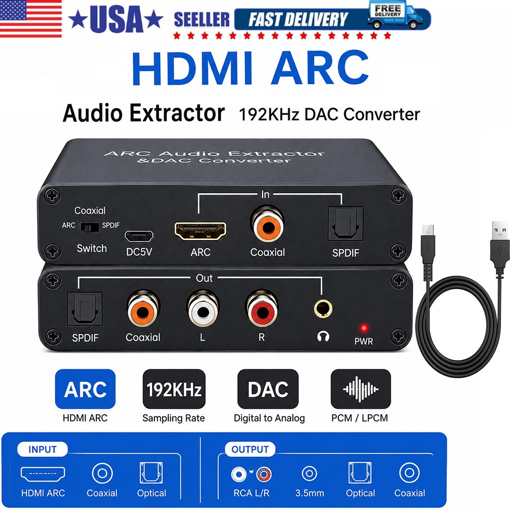 HDMI ARC Audio Extractor 192KHz DAC Converter SPDIF Optical Coaxial RCA 3.5mm