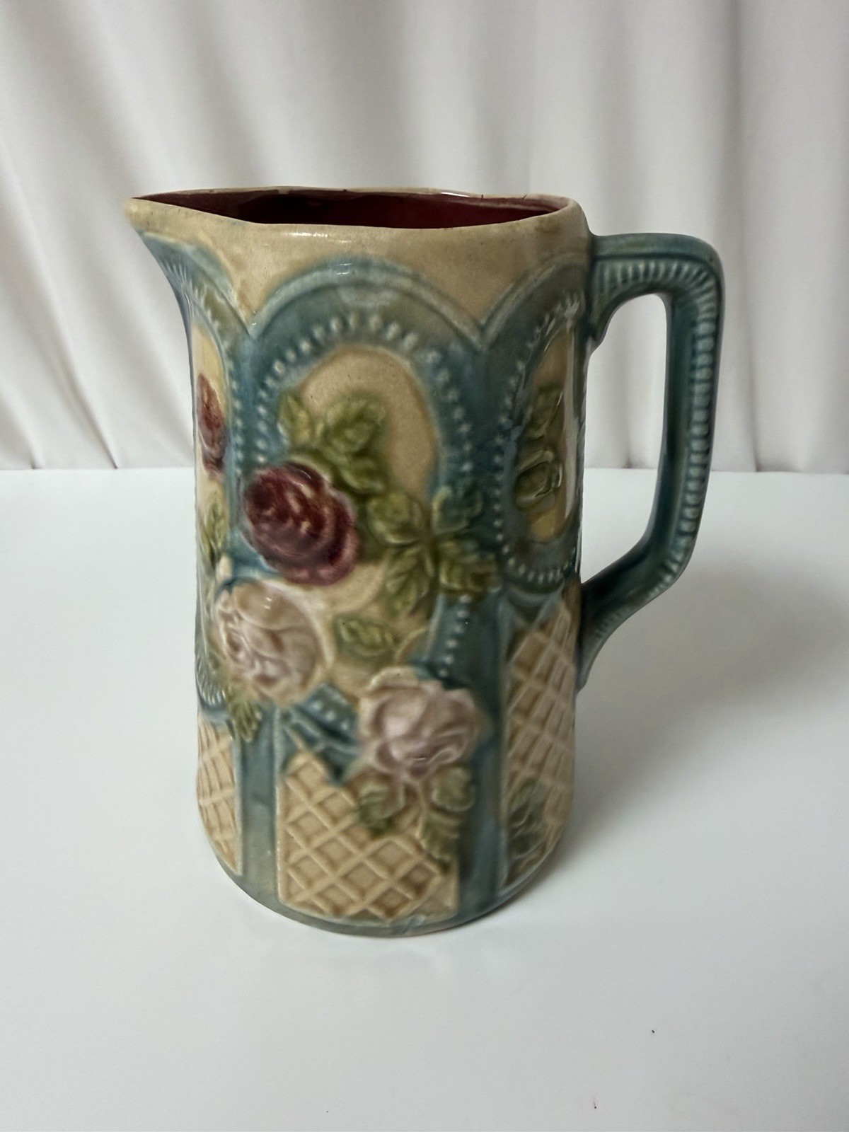 Vtg French Majolica ceramic Pitcher W/ Embossed Rose & Lattice Motif Vtg French Majolica ceramic Pitcher W/ Embossed Rose & Lattice Motif