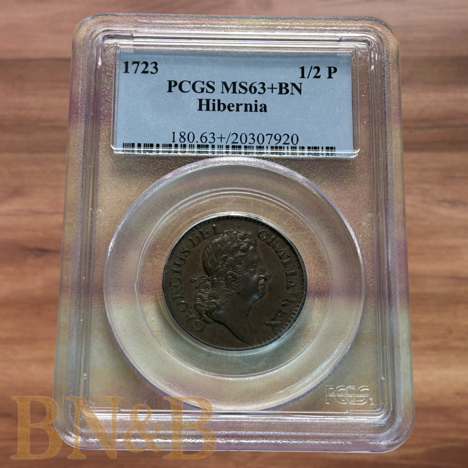 1723 Woods Hibernia 1/2P PCGS MS63+BN