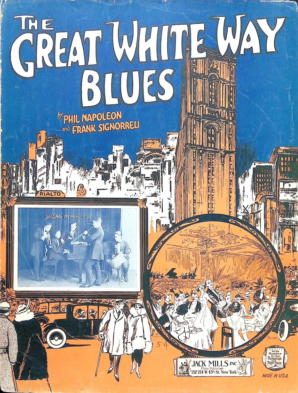 The Great White Way Blues Sheet Music Original Memphis Five Phil Napoleon 1923