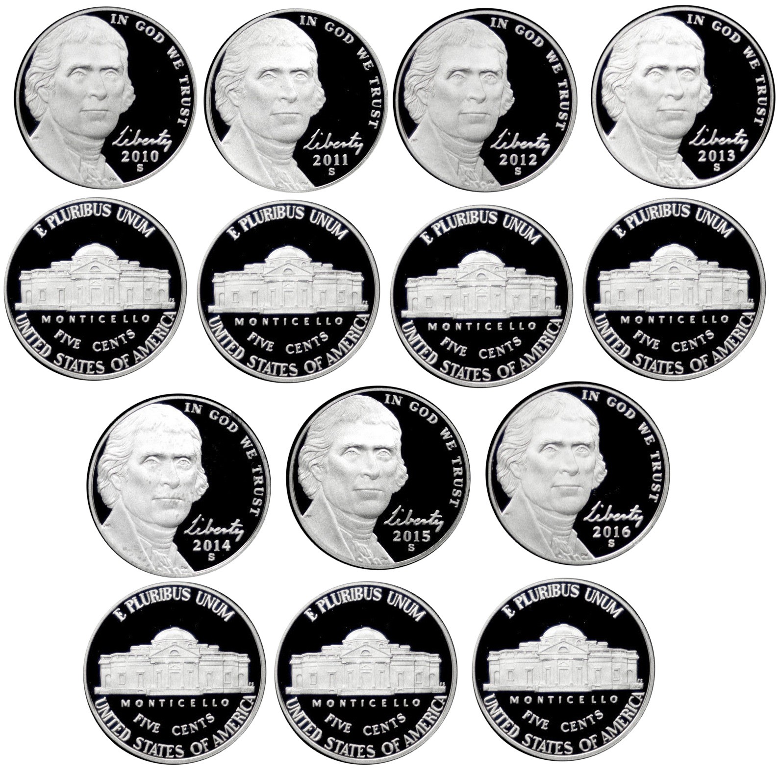 2010 2016 Jefferson Nickel Gem Proof Coin Run Lot of 7 2010 2016 Jefferson Nickel Gem Proof Coin Run Lot of 7