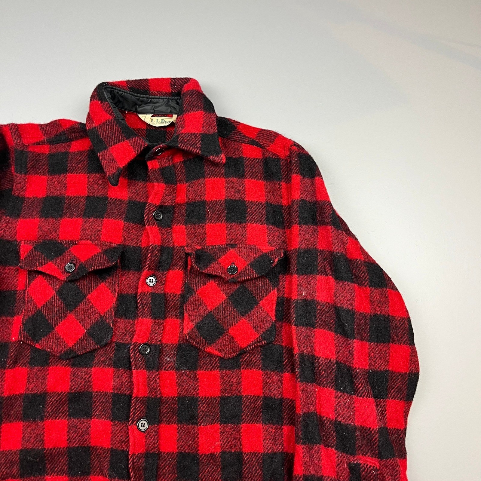 VTG LL Bean Flannel Shirt Mens M Red Black Buffalo Plaid Wool Blend Heavyweight