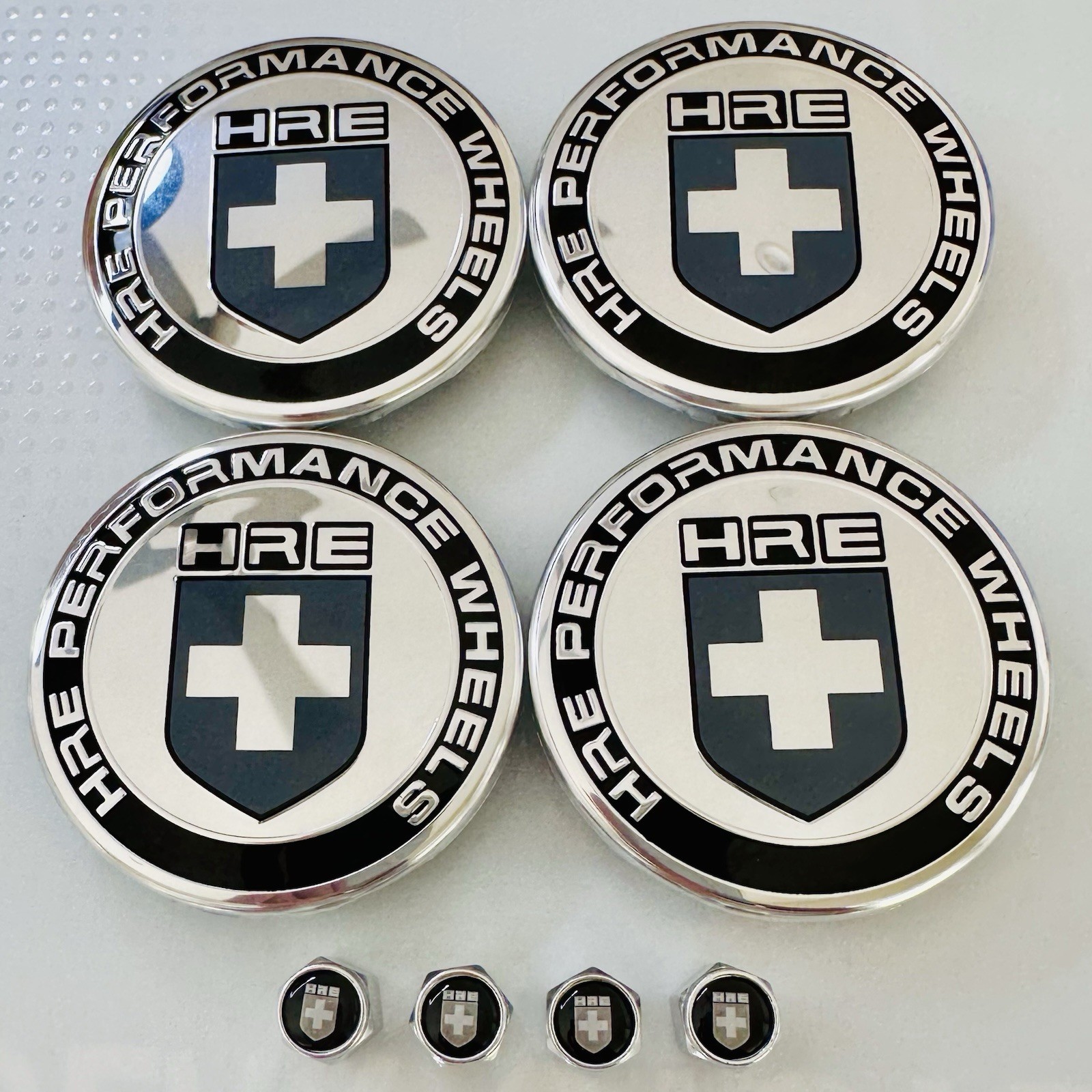 4pc OEM HRE Gray Black 63mm Center Caps XC635HRE—2PC and 4pc Chrome Valve Caps 4pc OEM HRE Gray Black 63mm Center Caps XC635HRE—2PC and 4pc Chrome Valve Caps