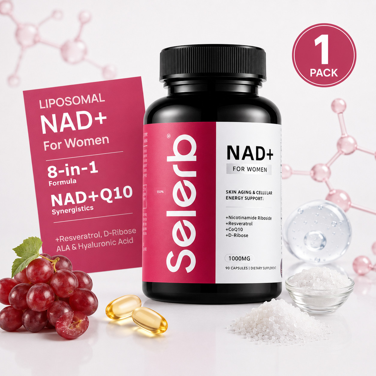 1-3 PACK Selerb Liposomal NAD+ for Women, 8-in-1 NAD+ Q10 Supplement 90 Capsules