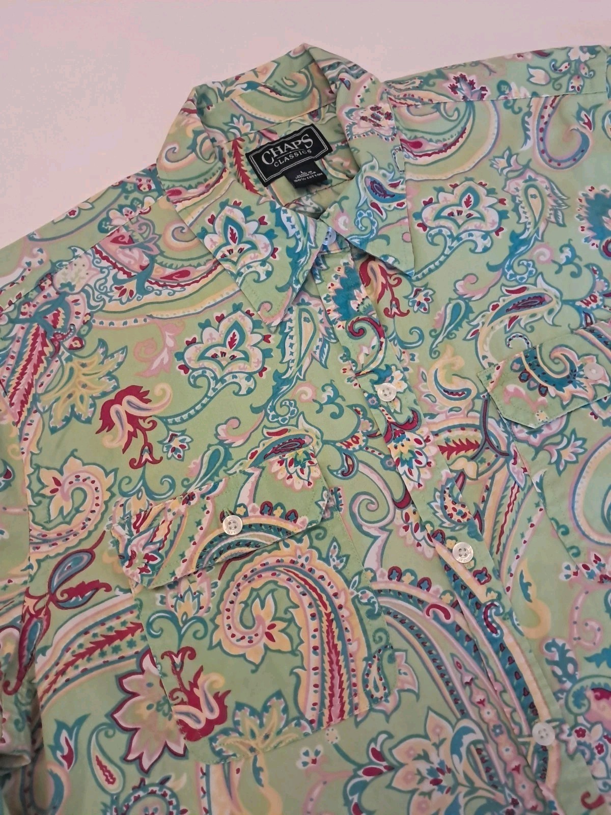 Chaps Classics Womens Sz L 100 % Cotton Paisley 3/4 Sleeve Blouse Top Colorful 