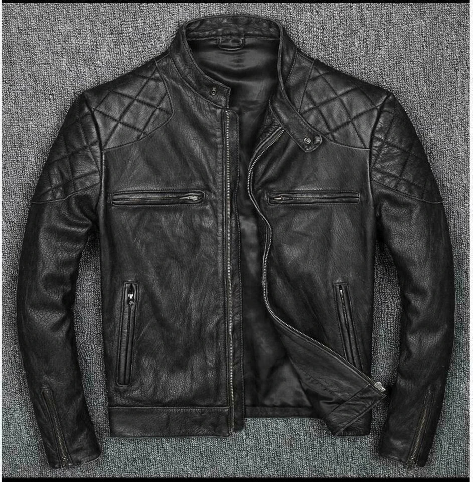 Men\'s Motorcycle Real Leather Jacket Motorbike Genuine Black Biker Jacket