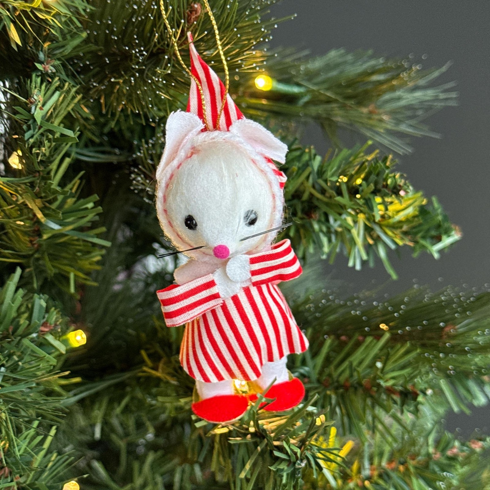 1960s Japanese Candy Striped Mouse Christmas Ornament