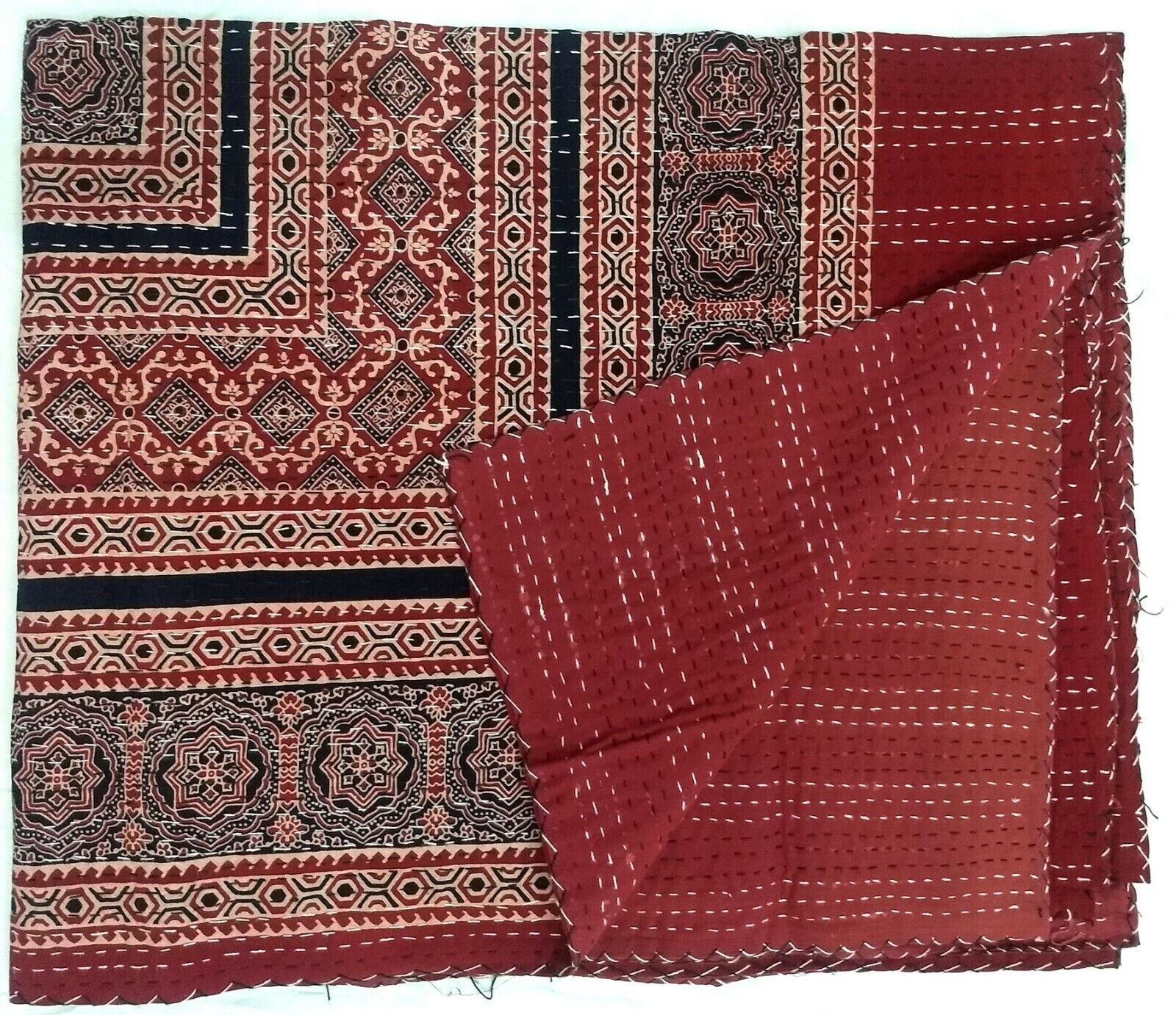 Indian Beautiful Ajrak Kantha Quilt King Size Coverlet Handmade Cotton Blankets