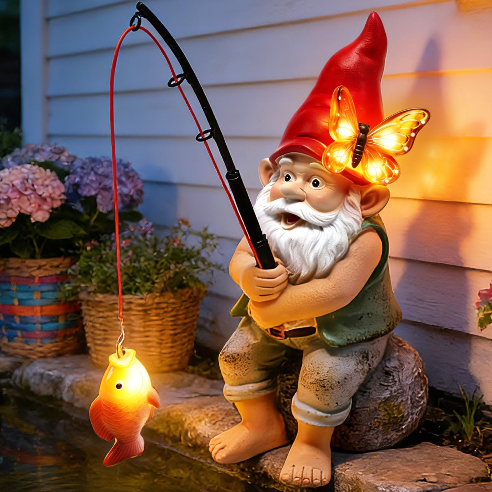 Solar Garden Gnome Statues, Outdoor Fishing with 9.13-inch, Solar Garden Gnome Statues, Outdoor Fishing with 9.13-inch,