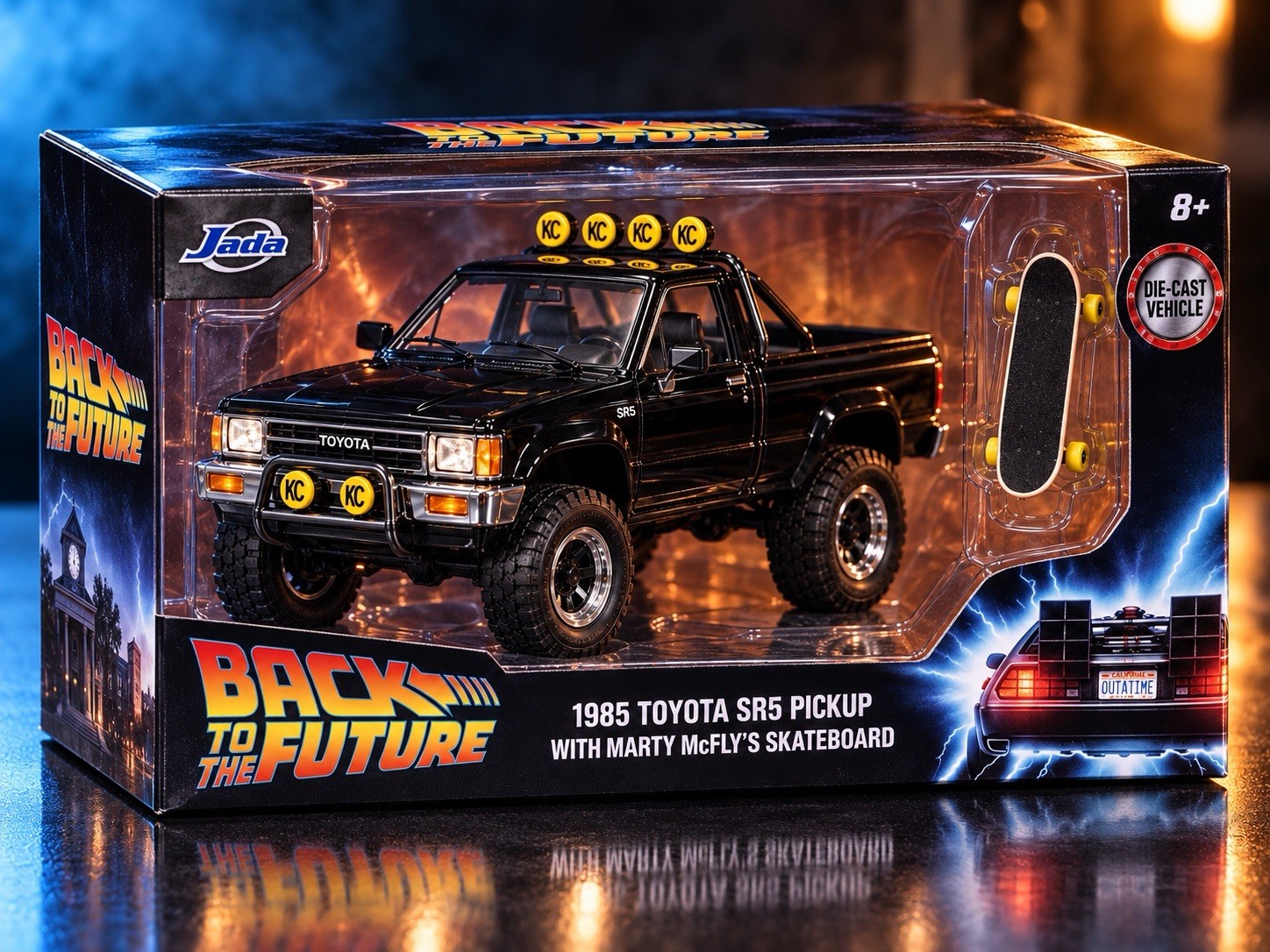 JADA 1:24 1985 TOYOTA SR5 PICKUP BACK TO THE FUTURE  + SKATEBOARD. New In Box