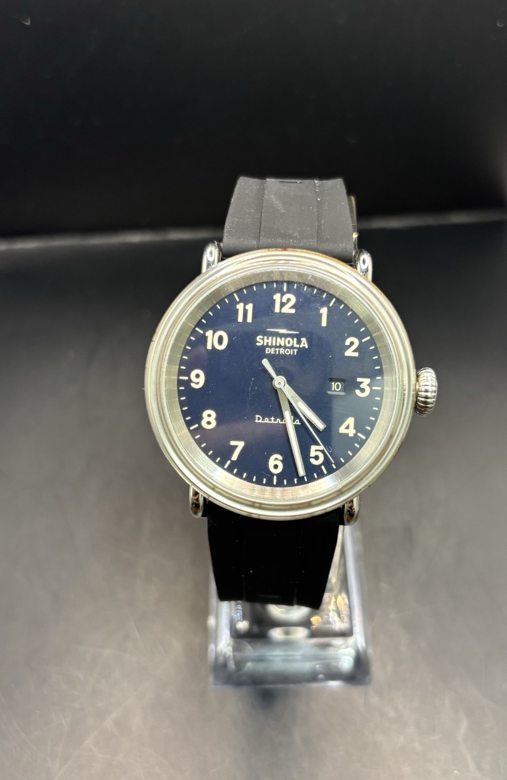 Shinola Detrola 41mm wristwatch featuring dial and a clear composite case. Shinola Detrola 41mm wristwatch featuring dial and a clear composite case.
