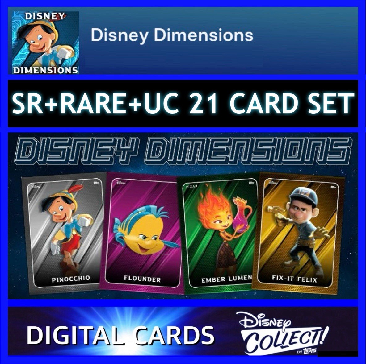 DISNEY DIMENSIONS-SERIES 1 SR+RARE+UC 21 CARD SET-TOPPS DISNEY COLLECT