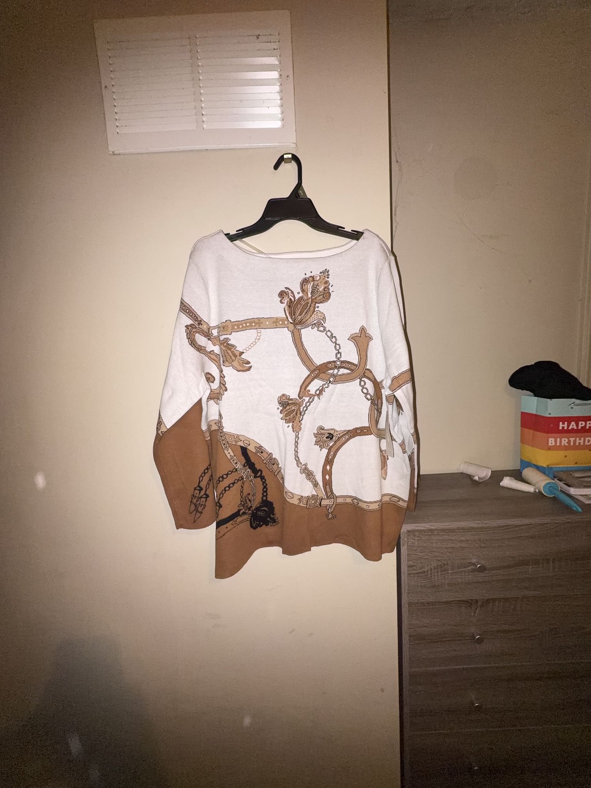 Chico\'s Equestrian Print Jacquard Boat Neck Sweater Cream Camel Size 4 New Tags Chico\'s Equestrian Print Jacquard Boat Neck Sweater Cream Camel Size 4 New Tags