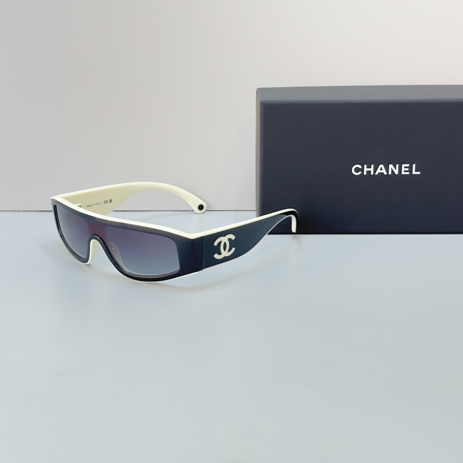 CHANEL CH6057 Black Frame Gray Gradient Lens Shield Sunglasses Italy CHANEL CH6057 Black Frame Gray Gradient Lens Shield Sunglasses Italy