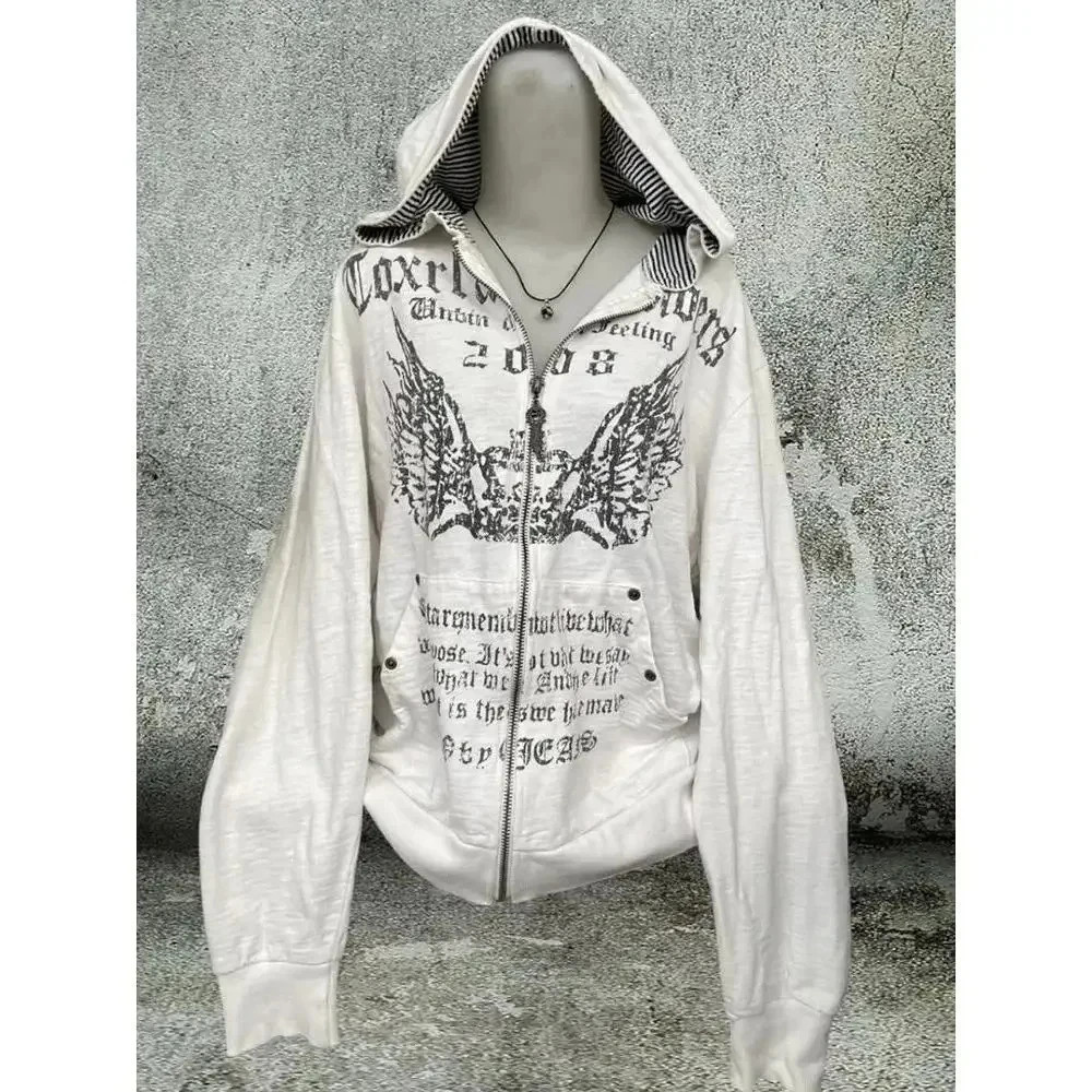 Y2K Vintage Faux Fur Hooded Jacket Gothic Harajuku Punk Emo Y2K Sweatshirt