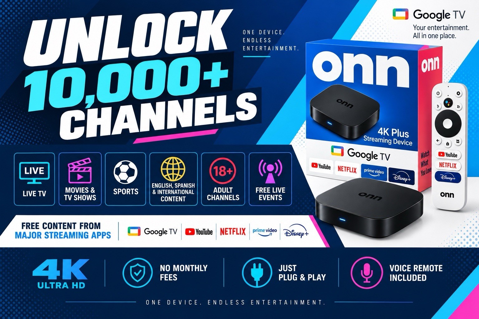 onn 4K Plus Streaming unlocked, no monthly fees onn 4K Plus Streaming unlocked, no monthly fees