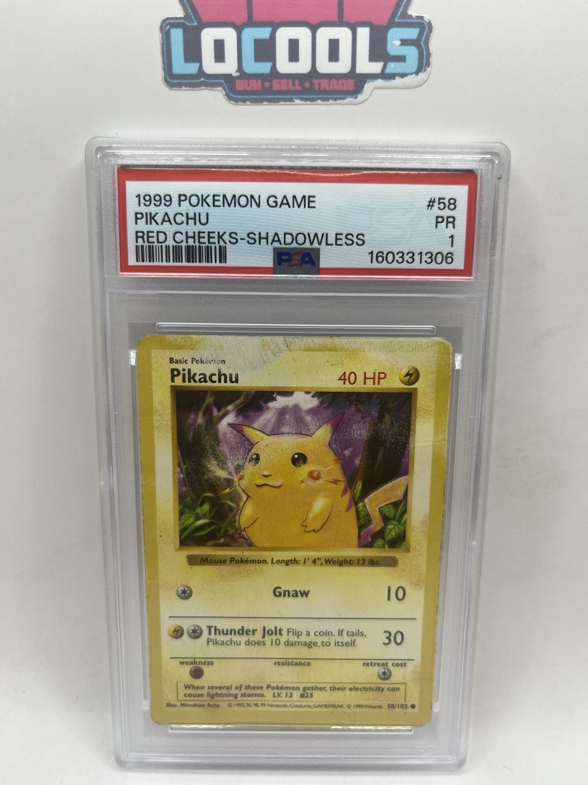 1999 Pokemon Game 58 Pikachu Red Cheeks Shadowless PSA 1 PR