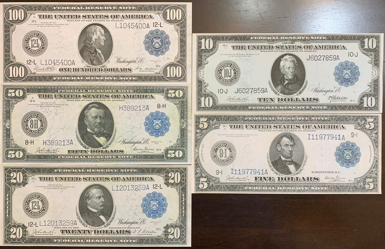 Reproduction 1914 Federal Reserve Note Blue Seal Set $5 -$100 Read Description