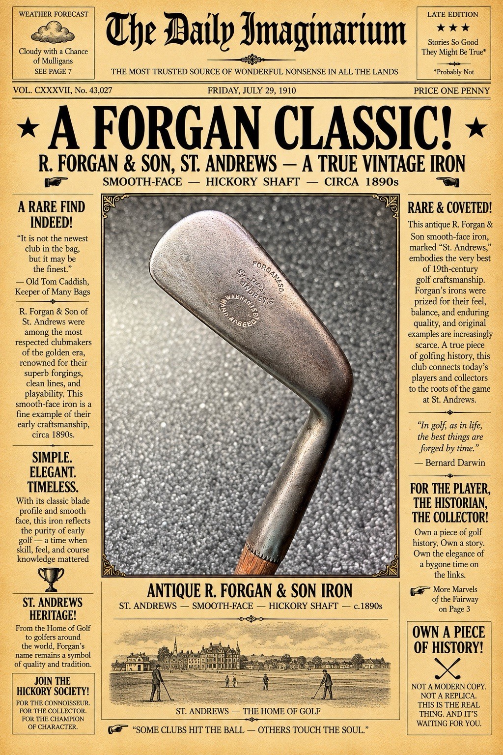 Antique Hickory Shaft R. Forgan & Son, St Andrews — Smooth-Face Iron, c.1890s