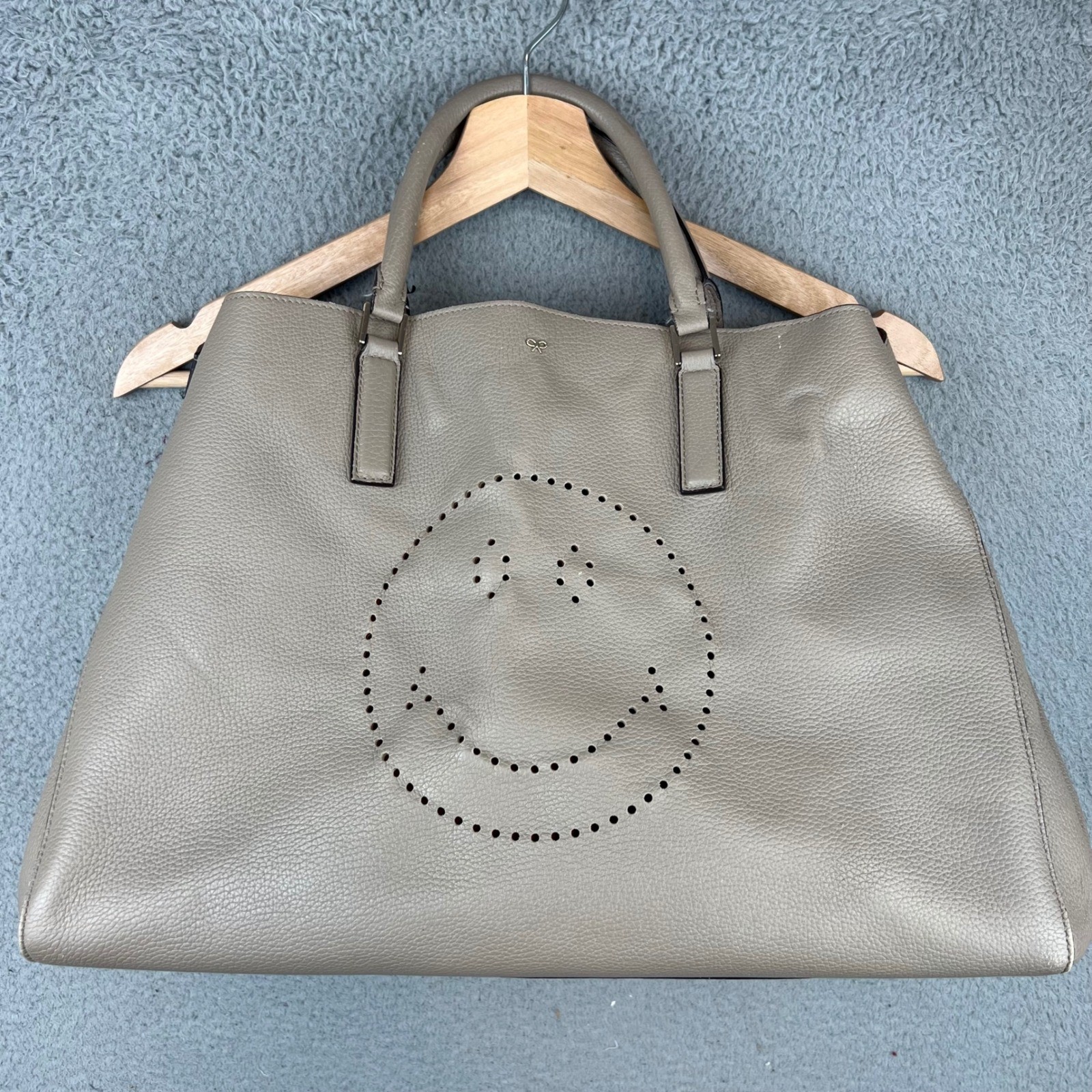 Anya Hindmarch Smiley Face Tote Bag Grey Leather Top Handle Shoulder Bag