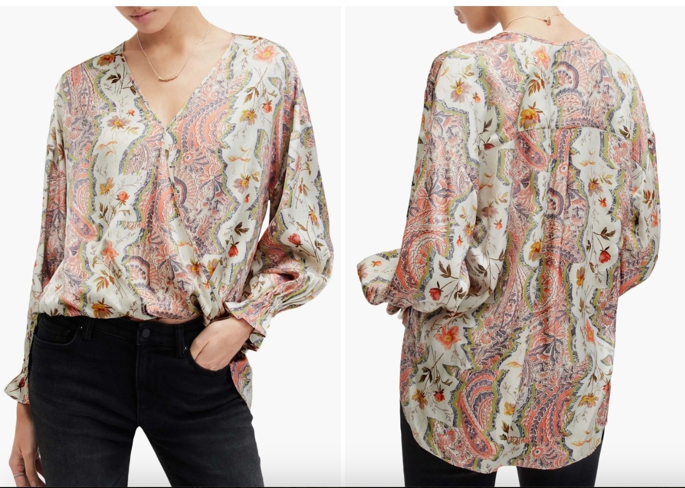 New ALLSAINTS Size 6 US Penny Cascade High Low Top Blouse Paisley Floral Satin