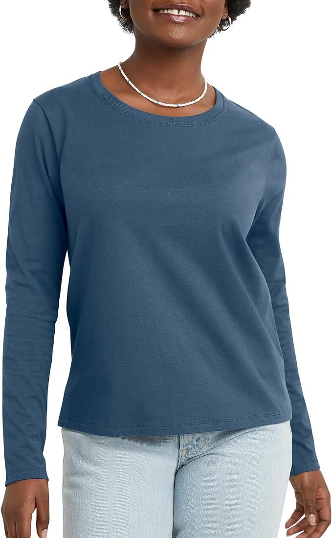 Hanes Women's Long Sleeve Crewneck T-Shirt 100% Cotton Tee Tagfree Size S to 2XL