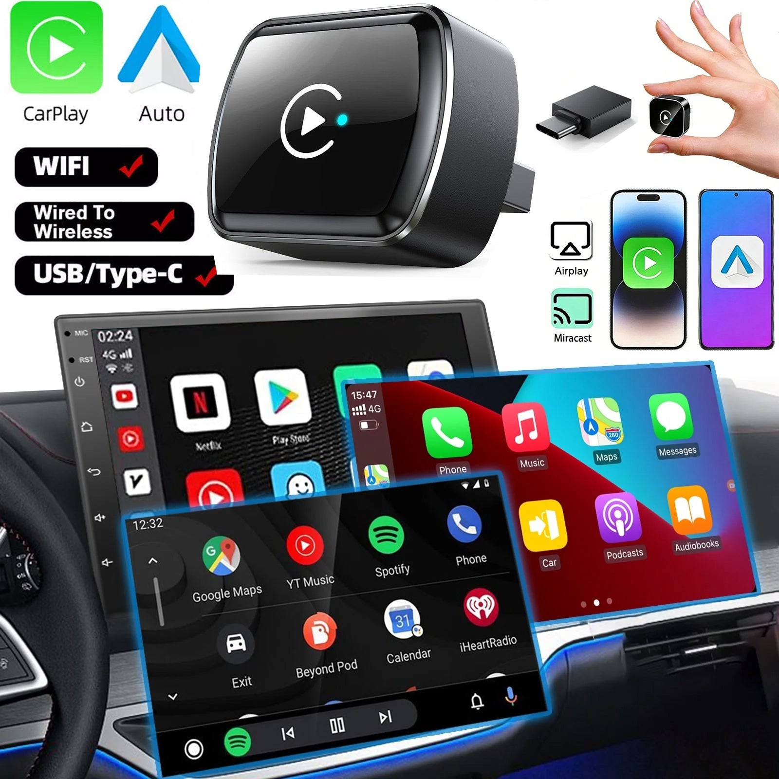 4 IN 1 Wireless CarPlay Android Auto USB Dongle Mirror Link Adapter Plug & Play
