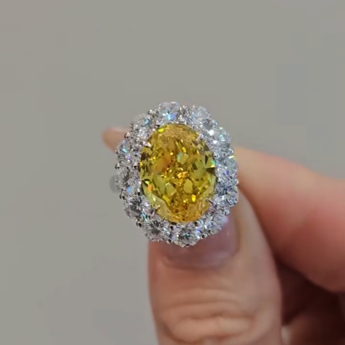 3ct Oval Cut Yellow Halo Lab Grown Diamond Engagement Ring 18K Gold