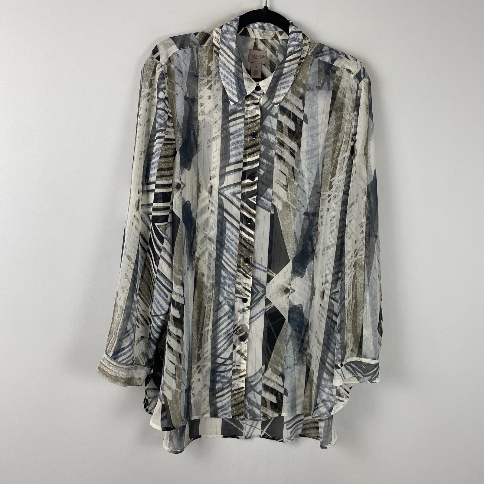 Chicos Easywear Button Up Tunic Shirt Size 3 US XL Hi Low Hem Metallic Stripe