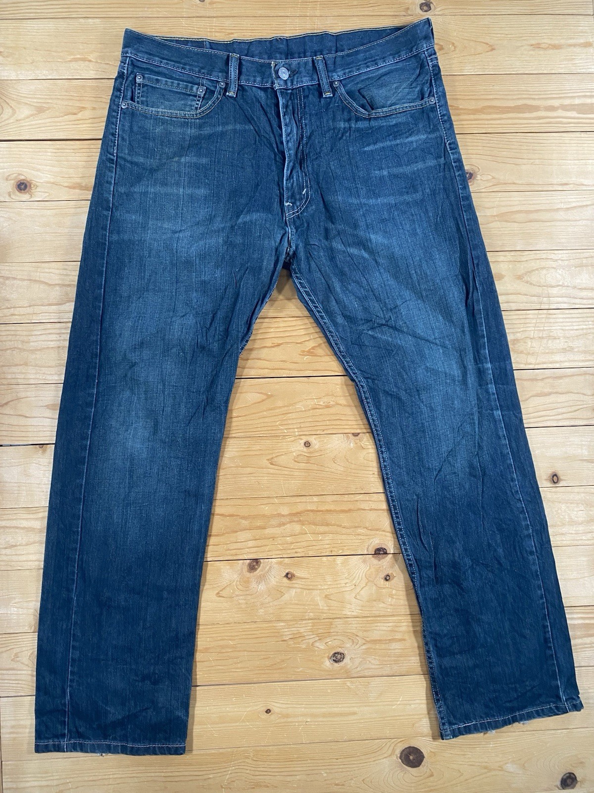 Levi\'s 505 Jeans Mens 36x30 Regular Fit Straight Leg Blue Denim Dark Wash Frayed