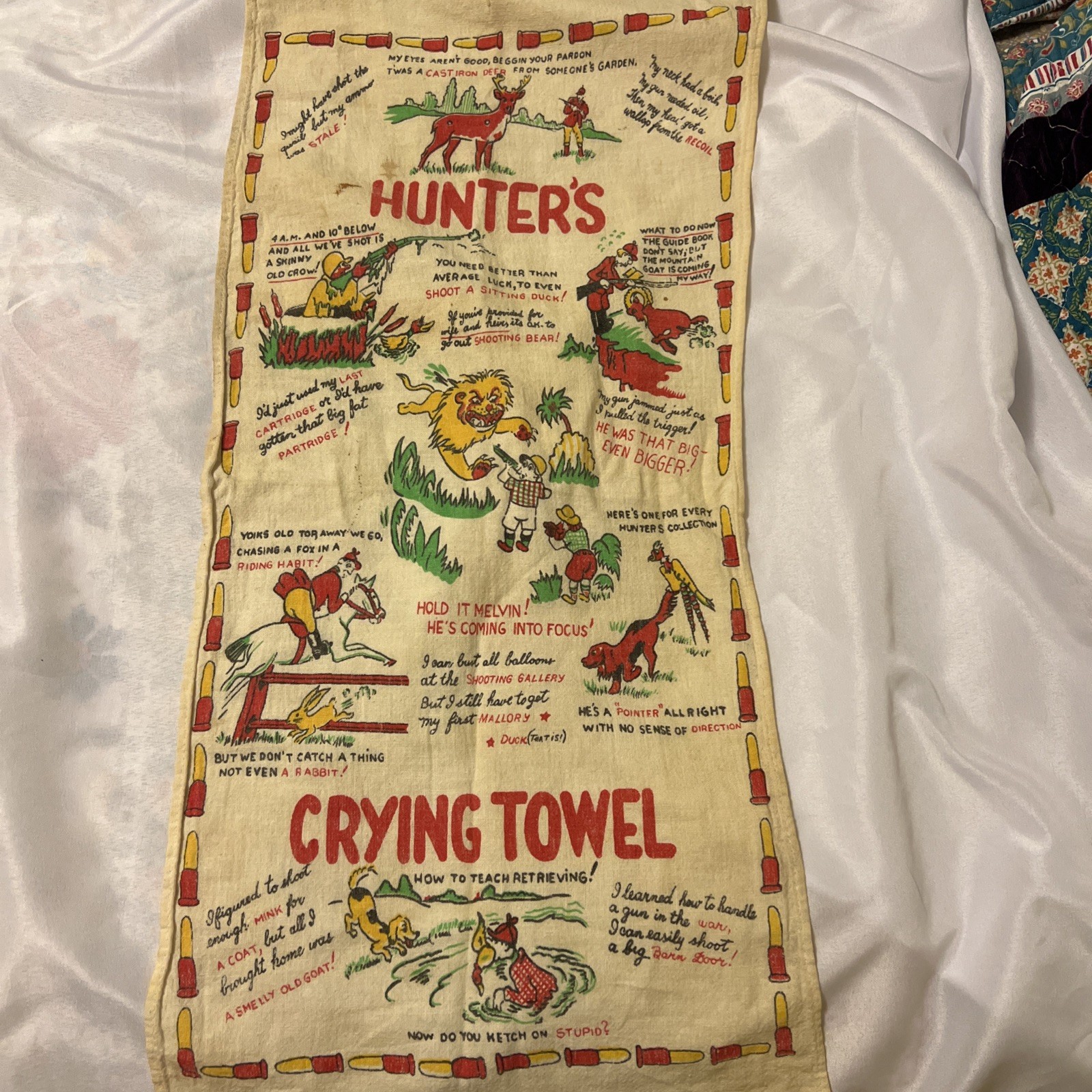 Vintage 1050/60\'s Hunter\'s Crying Hand Towel 15x30” Funny Rhymes Vintage 1050/60\'s Hunter\'s Crying Hand Towel 15x30” Funny Rhymes