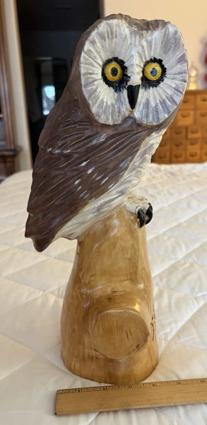 Rare Hand Carved &  Painted  Wooden Saw Whet 15 Inch Owl Sculpture   Signed JCH