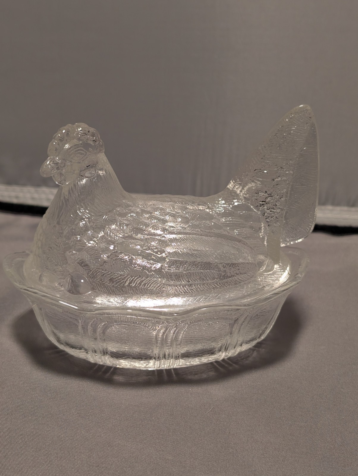 Vintage Fenton Clear Glass Hen On Nest HON Scalloped Edges With Split Tail